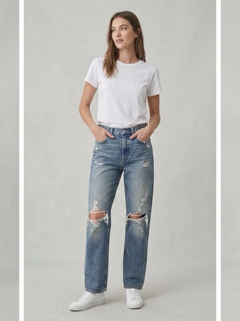 A GOLD E High-Rise Distressed Straight-Leg Women’s Jeans in Medium Blue